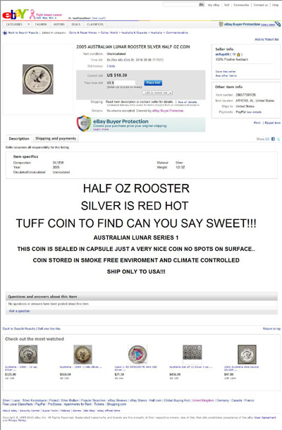 str8updill eBay Listings Using Our 2005 Australian Half Ounce Silver Lunar Rooster Reverse Photograph